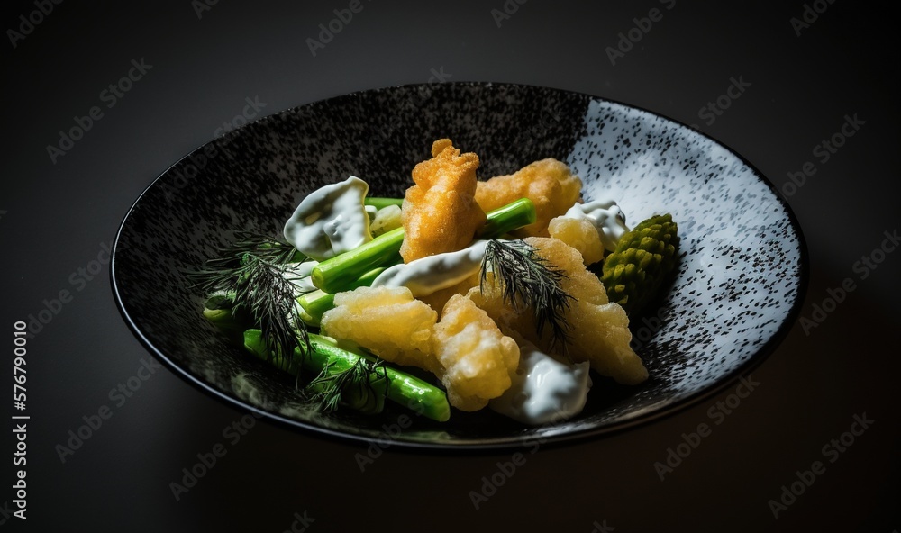  a plate of food with asparagus, potatoes, and other vegetables in it on a black tablecloth with a b