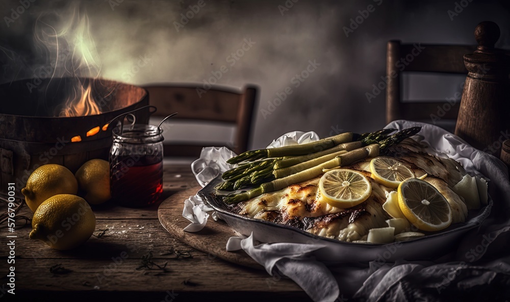  a pan of food with asparagus, lemons, and asparagus on a table with a basket of honey and lemons.  