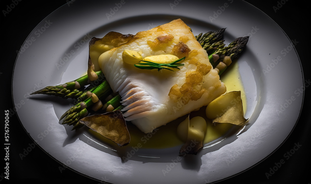  a white plate topped with a piece of fish and asparagus covered in cheese and sauce and a garnished