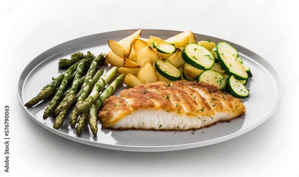  a white plate topped with fish, potatoes and asparagus next to a side of asparagus and sliced cucum