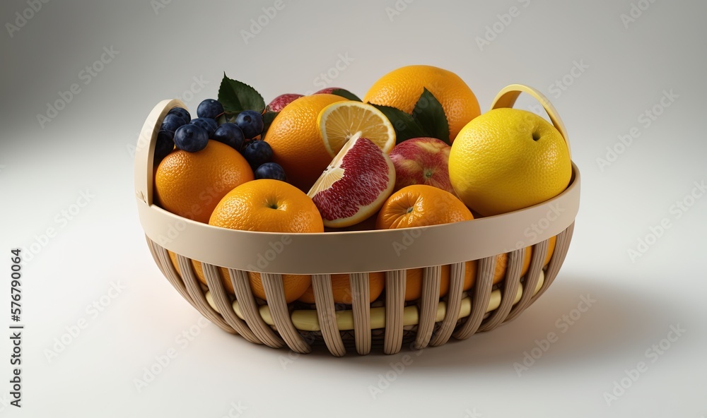  a basket filled with oranges, grapes, and lemons on a white tableclothed tablecloth with a white ba