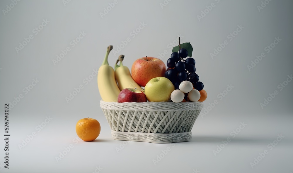  a white basket filled with lots of different types of fruit next to an orange and an apple on a whi