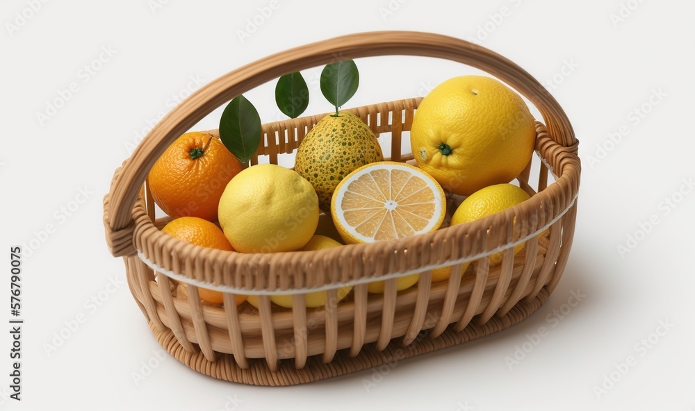  a wicker basket filled with oranges and lemons on a white background with a green leafy branch in t