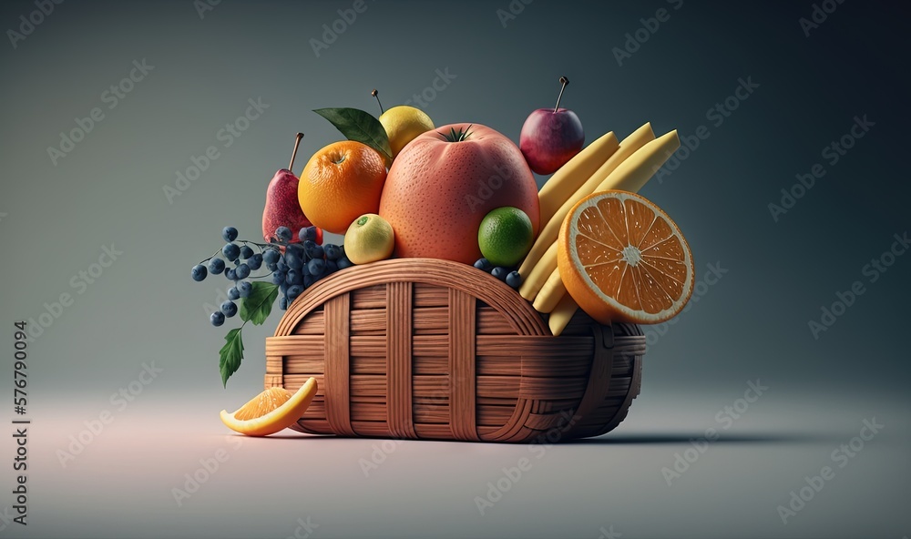  a basket filled with lots of different types of fruits and vegetables next to a gray background wit