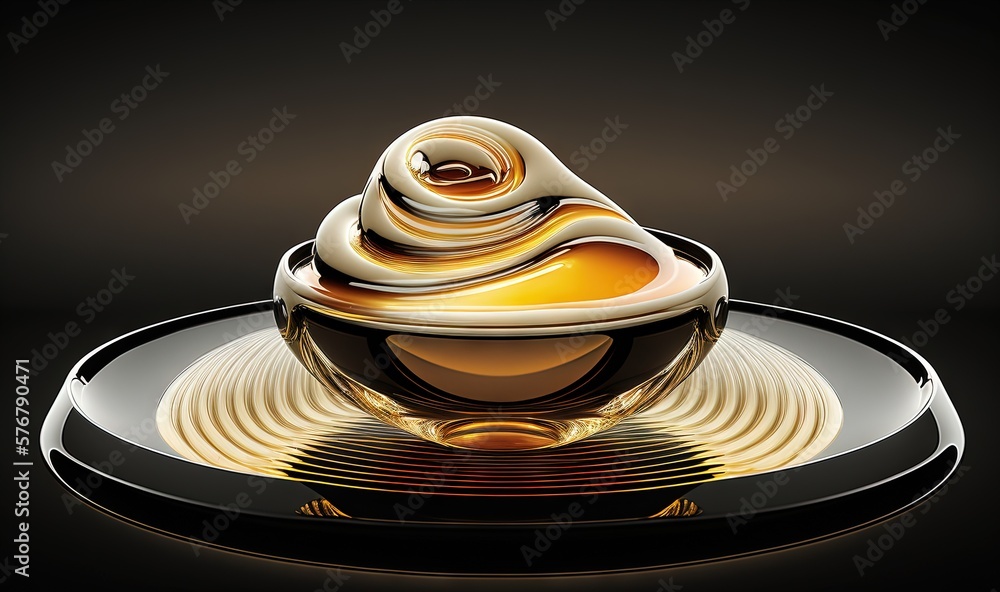  a glass bowl filled with liquid sitting on top of a plate on a black tablecloth covered tablecloth 