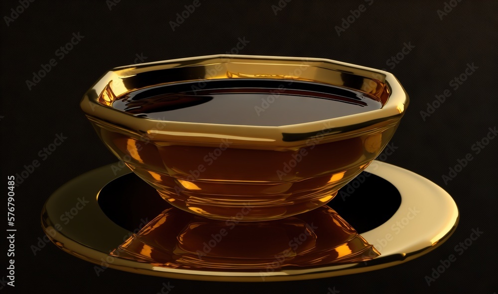  a cup of liquid sitting on top of a saucer on a black tablecloth with a gold plate around it and a 