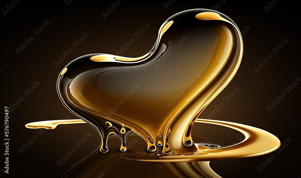  a heart shaped liquid with a liquid drop in the middle of it on a black background with a reflectio