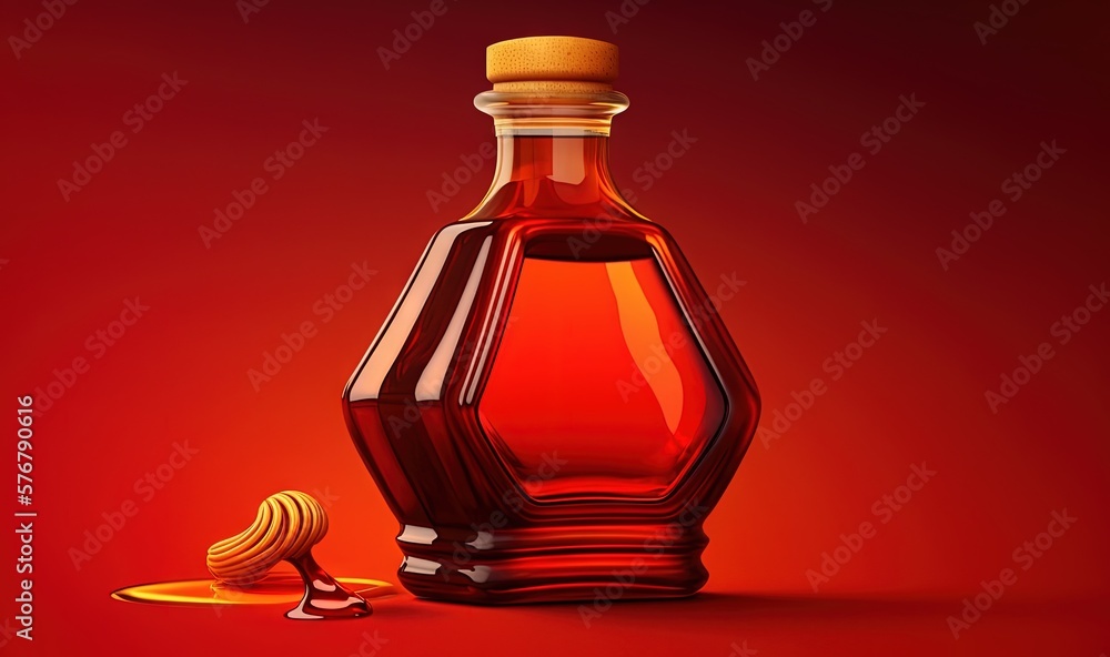  a bottle of honey with a spoon next to it on a red background with a red background and a red backg