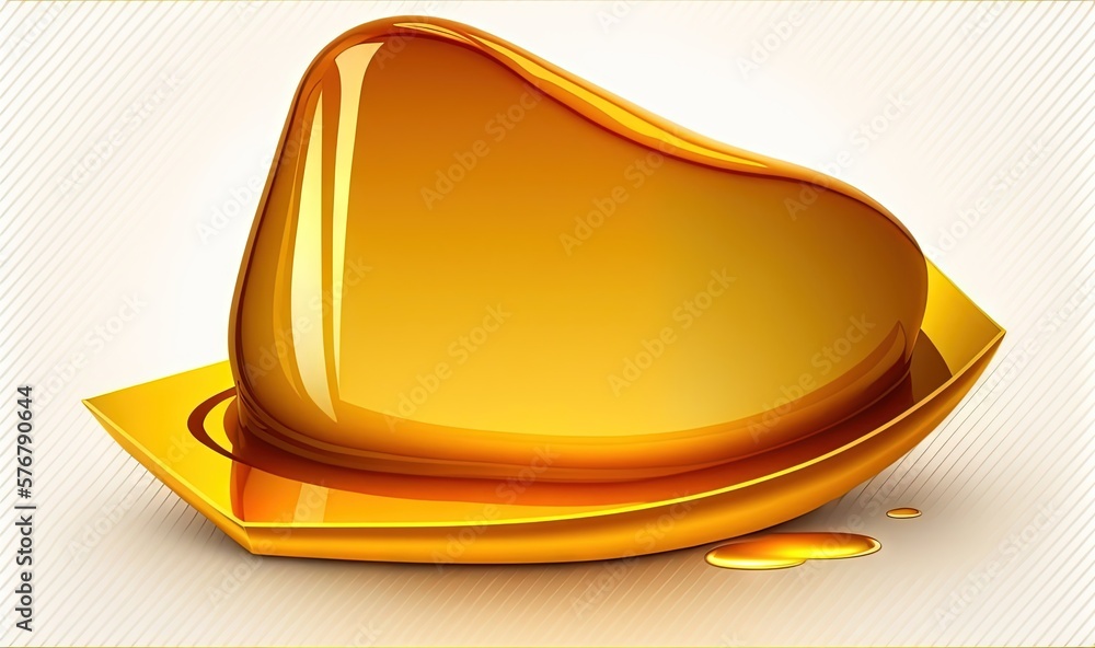  a shiny yellow object with a drop of oil on the bottom of the object and a white background with a 