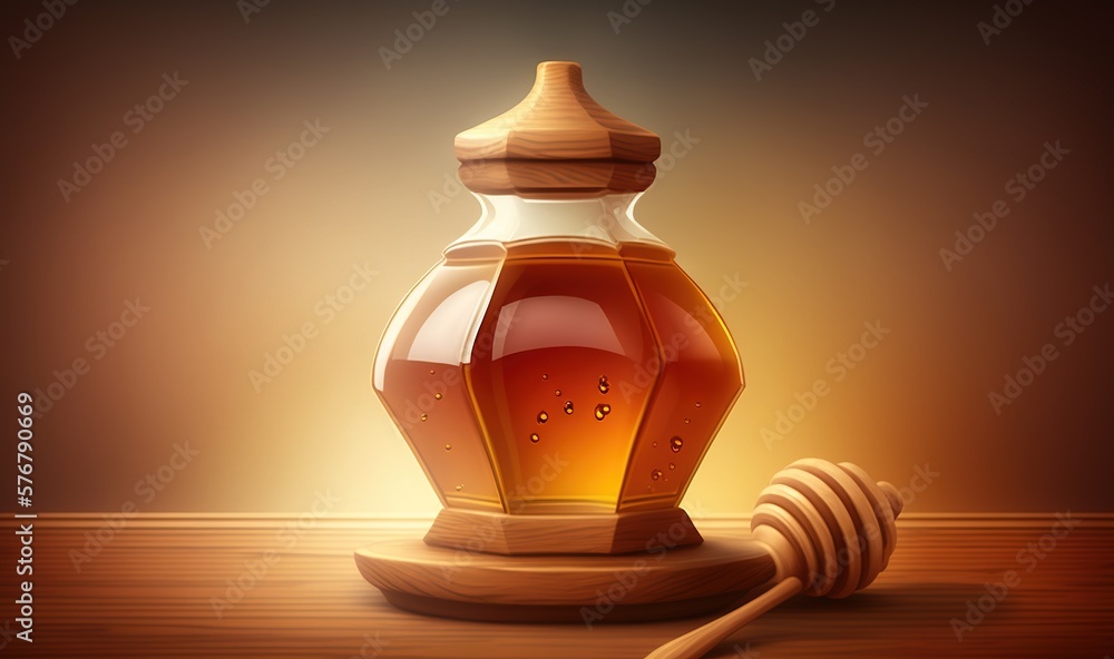  a honey jar with a wooden honey dipper on a wooden table next to a wooden honey dipper with a woode