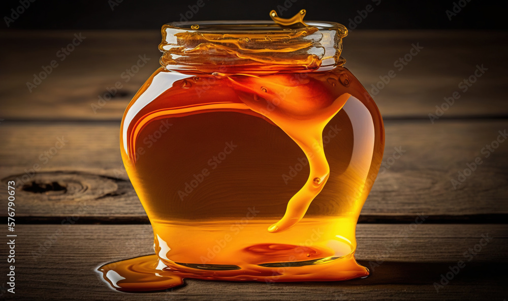  a honey jar filled with honey on a wooden table with a drop of honey coming out of the top of the j