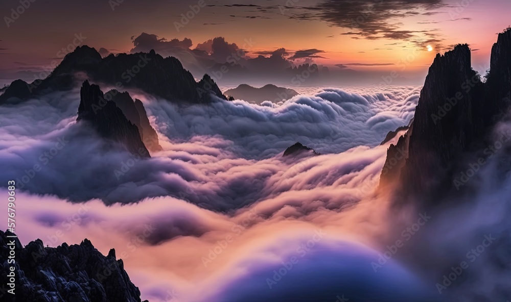  a view of a mountain range with clouds and mountains in the background at sunset with a colorful sk