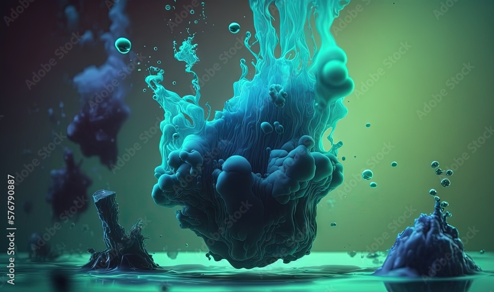  a blue substance floating in the water with bubbles and bubbles around it on a green and blue backg