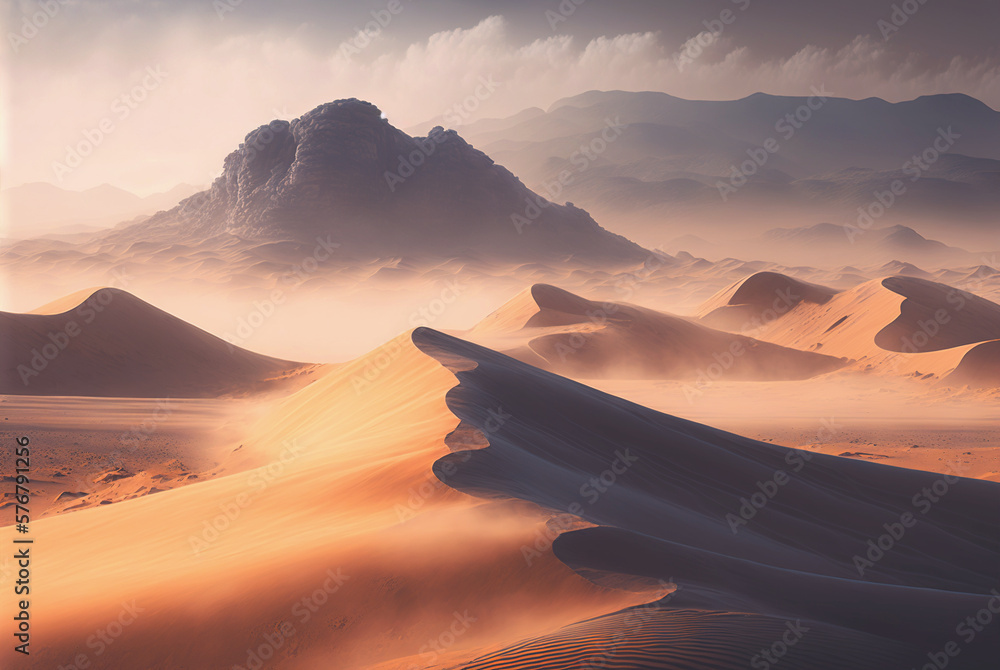 Desert sand landscape. Atmospheric scenic imaginary view. Clouds and sandstorm. Generative AI