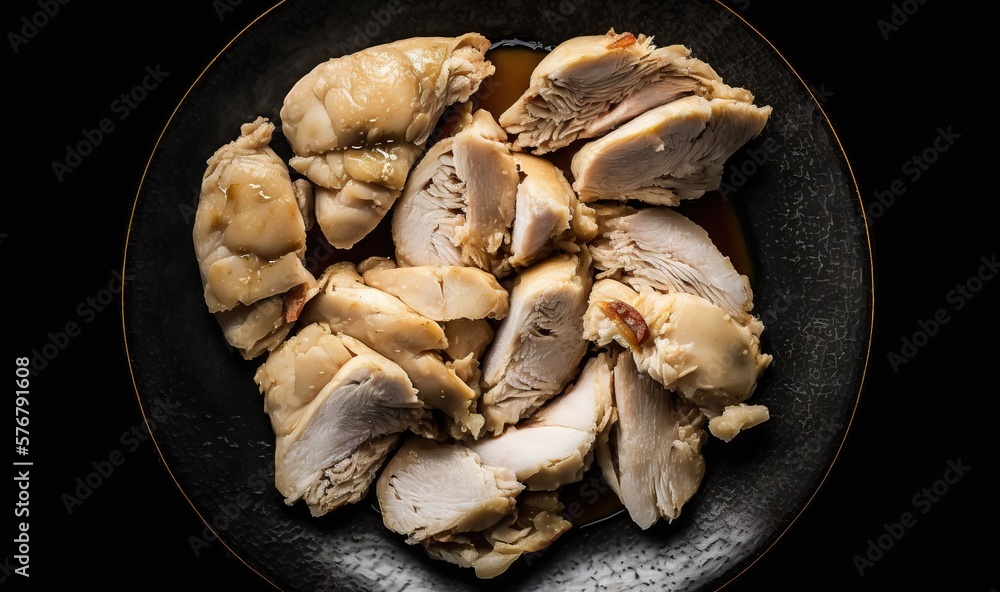  a plate of sliced meat with sauce on a black tablecloth with a black background with a gold border 