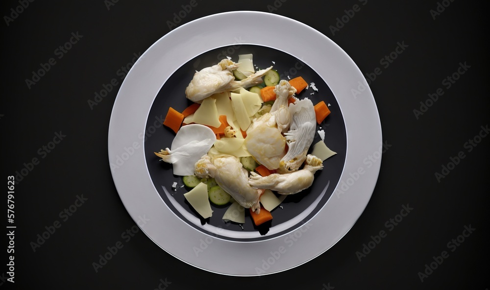  a plate of food with chicken, carrots, and celery on a black tablecloth with a white border on a bl