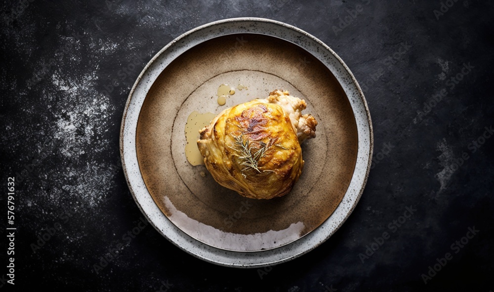  a plate of food on a table with a black table cloth and a black table cloth with a plate of food on