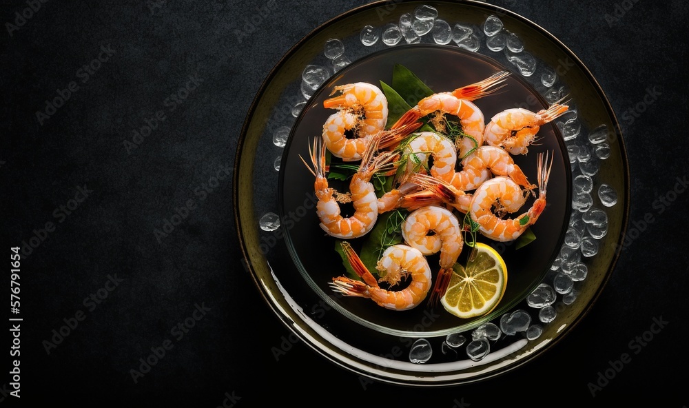  a plate of shrimp with lemon wedges on a black tablecloth with a glass of water and a lemon wedge o