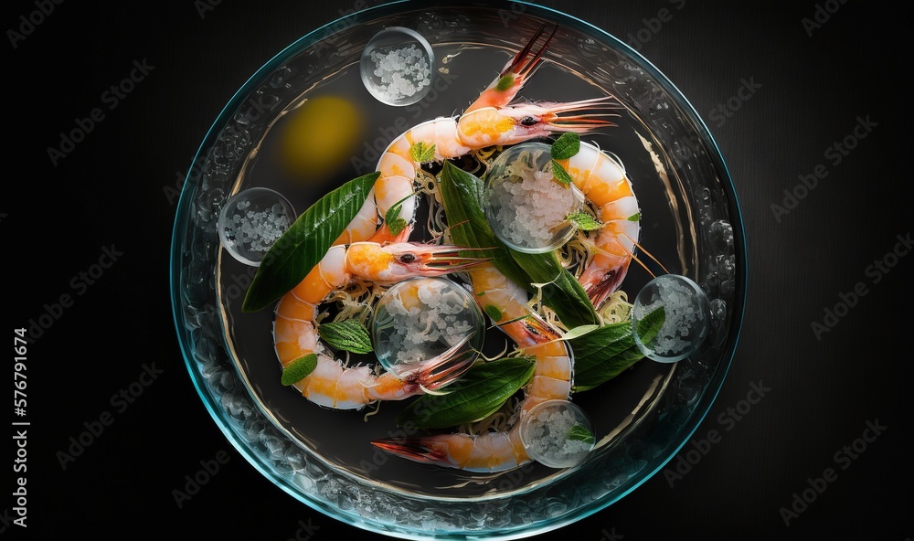  a glass bowl filled with shrimp and vegetables on top of a black tablecloth with bubbles of water a