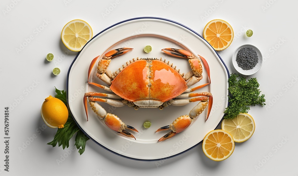  a plate with a crab on it surrounded by lemons, broccoli, and other ingredients on a white table wi