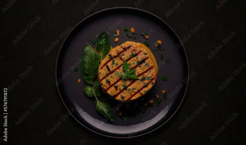  a plate with a grilled chicken and greens on it on a black tablecloth with a black background and a