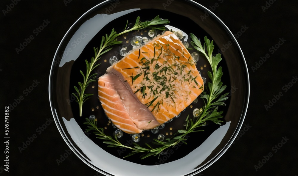  a piece of salmon on a plate with herbs and spices on it, on a black surface, with a black backgrou