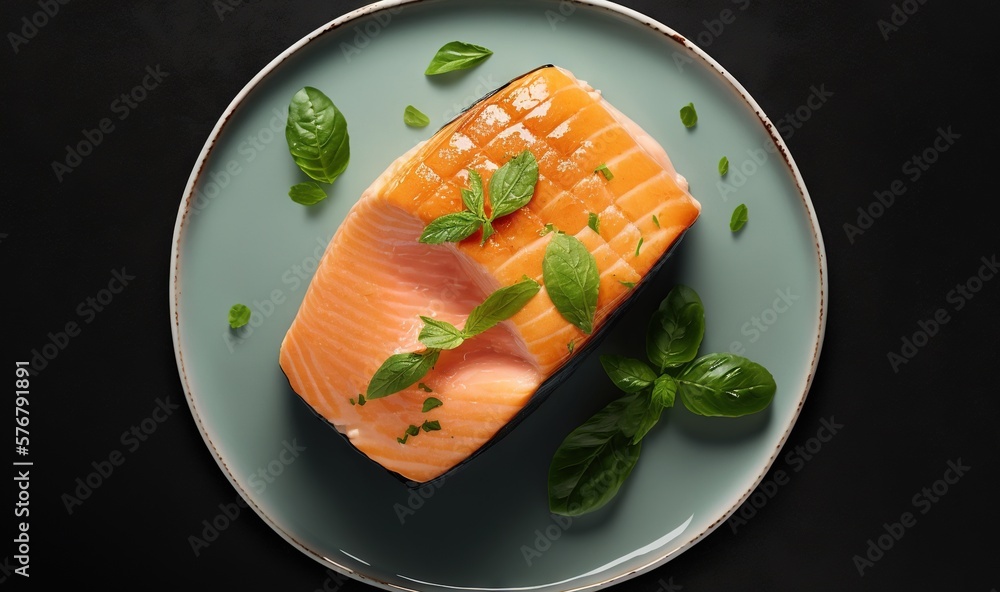  a piece of salmon on a plate with green leaves on top of it and on a black surface with a black bac