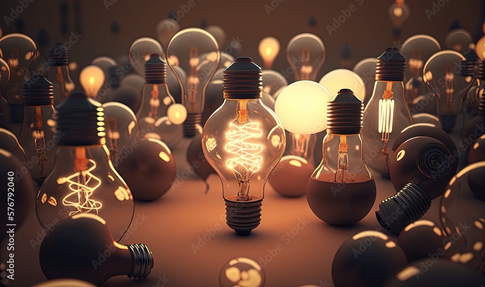  a group of light bulbs with a lot of glowing ones around them in a room with a brown floor and a wa