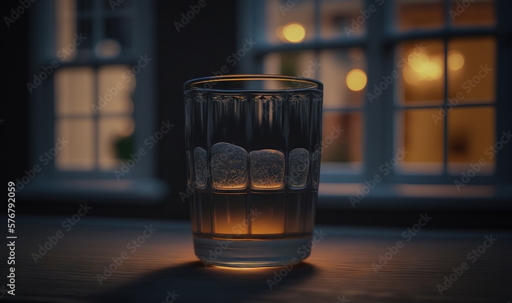  a shot glass sitting on a table in front of a window with lit windowsills and a lit candle in the m