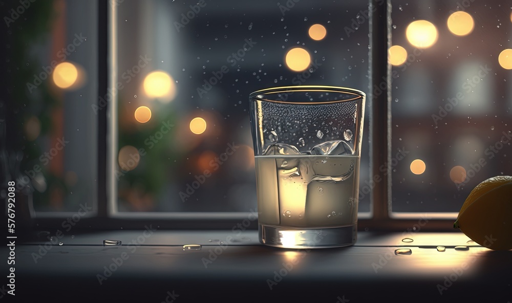  a glass of water and an orange on a window sill in front of a window with lights on the outside of 