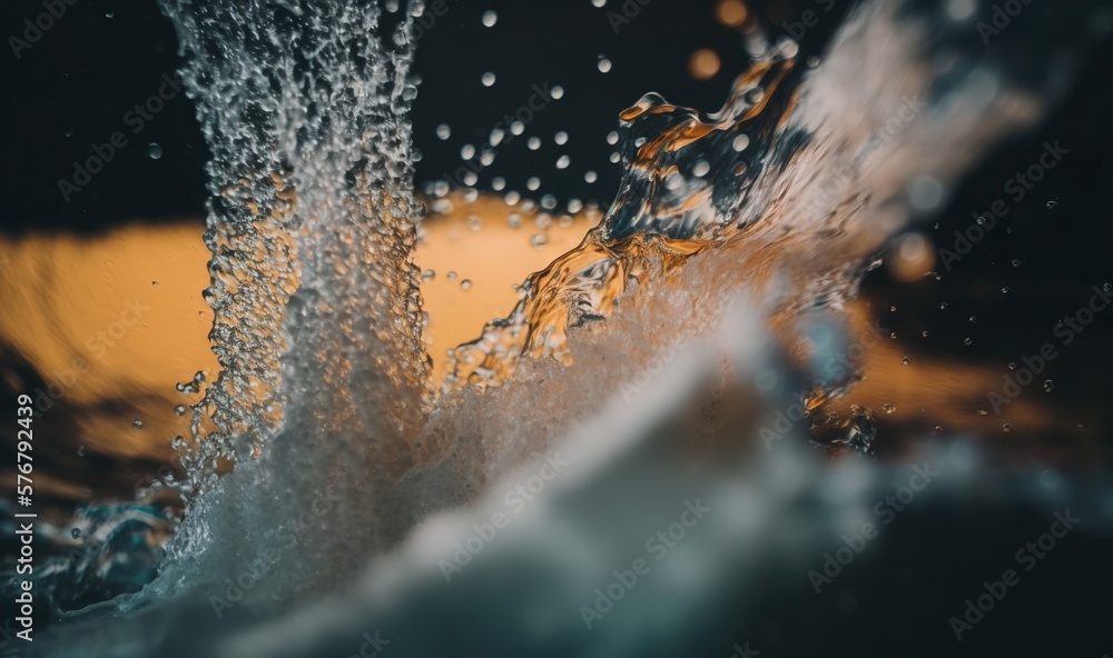  a close up of water splashing on a black surface with a yellow light in the background of the image