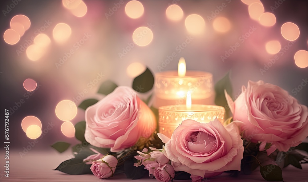  a lit candle surrounded by pink roses and greenery with a boke of lights in the backround behind it