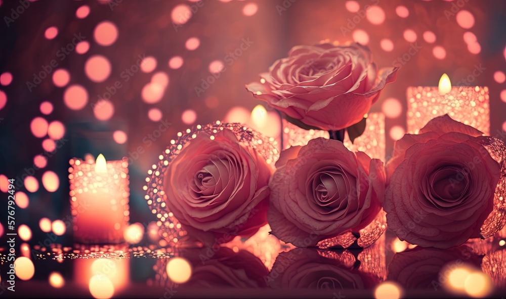  a group of candles and a rose on a table with a blurry background of pink lights and boke of pink r