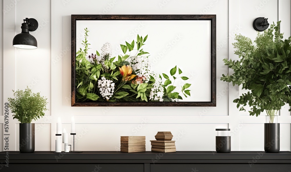  a picture of flowers on a white wall with a black dresser and a black table with a black lamp and a