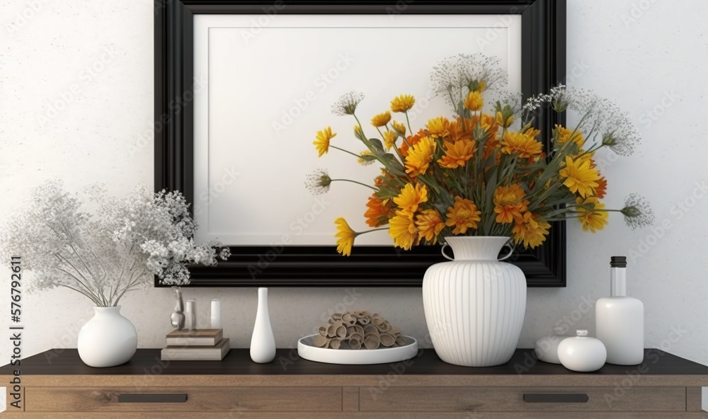  a vase of flowers sitting on top of a wooden table next to a mirror and vase of flowers on top of a