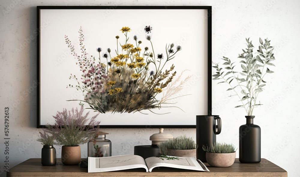  a picture of a bunch of flowers on a table with a book and vases on it and a picture of a plant on 