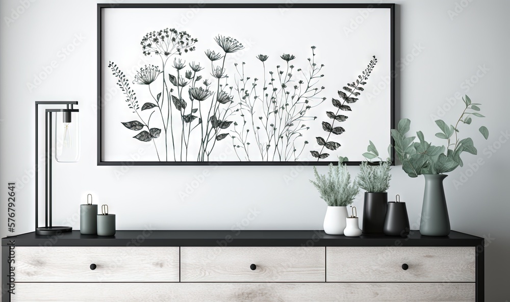  a black and white picture of flowers on a wall above a dresser with two vases and a lamp on top of 