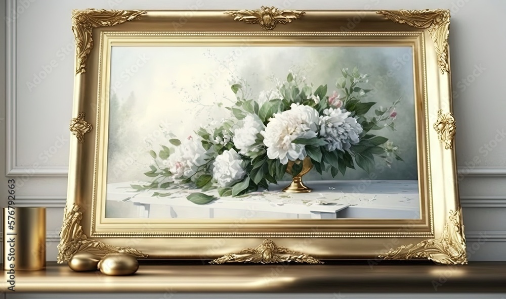  a painting of white flowers in a gold frame on a mantle next to candles and a vase of flowers on a 