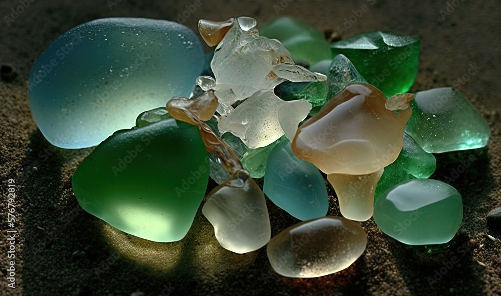  a pile of sea glass sitting on top of a sandy beach next to a bottle of water on the sand near the 