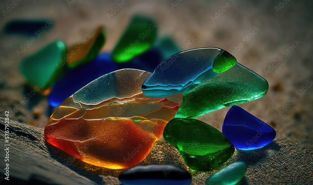  a group of colorful glass pieces laying on a sandy beach next to a wooden stick and a bottle of win