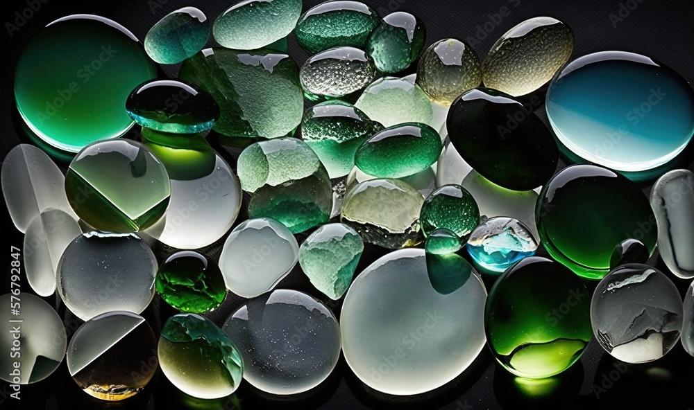  a bunch of different colored rocks on a black surface with a light shining on them in the middle of