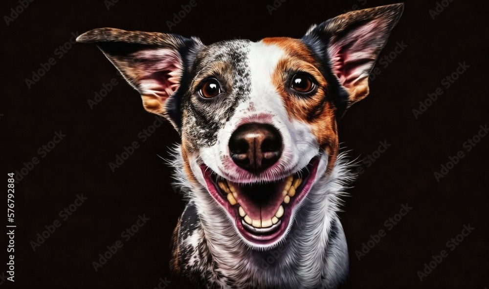  a close up of a dogs face with its mouth open and a black background with a brown spot in the midd