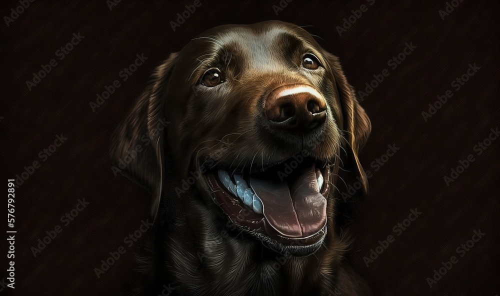  a brown dog with its mouth open and a smile on its face, with a dark background, is looking up at t