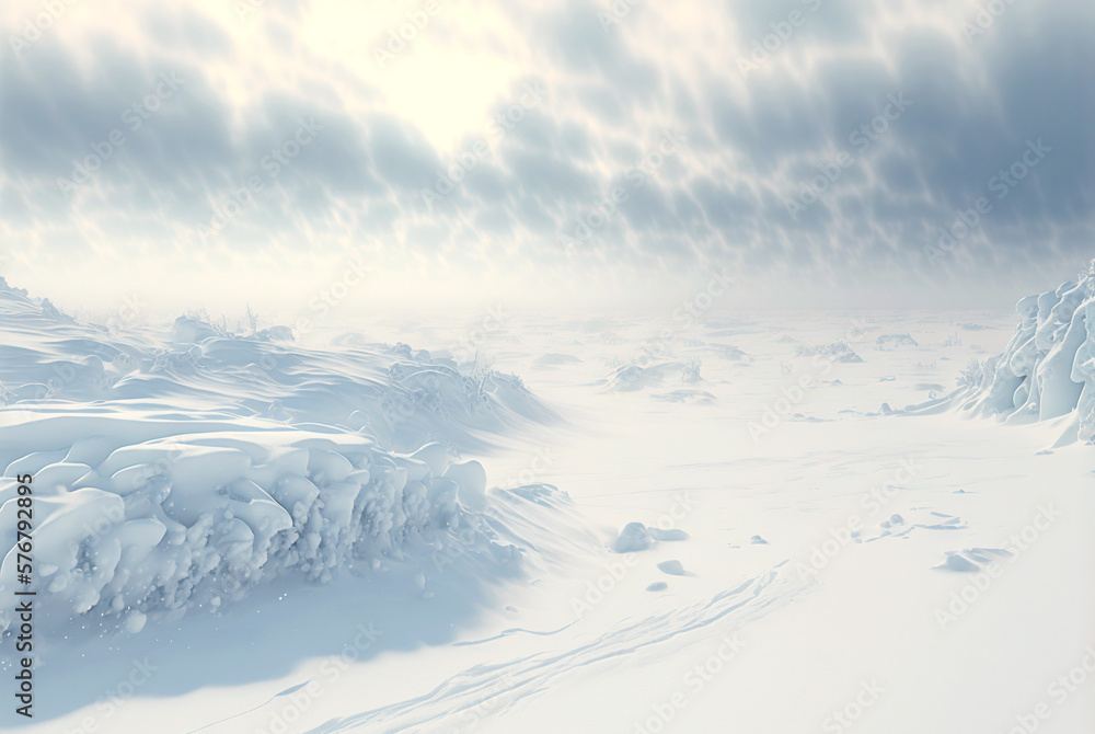 Snow dunes panorama during blizzard. White and empty frozen scenic imaginary landscape. Generative A