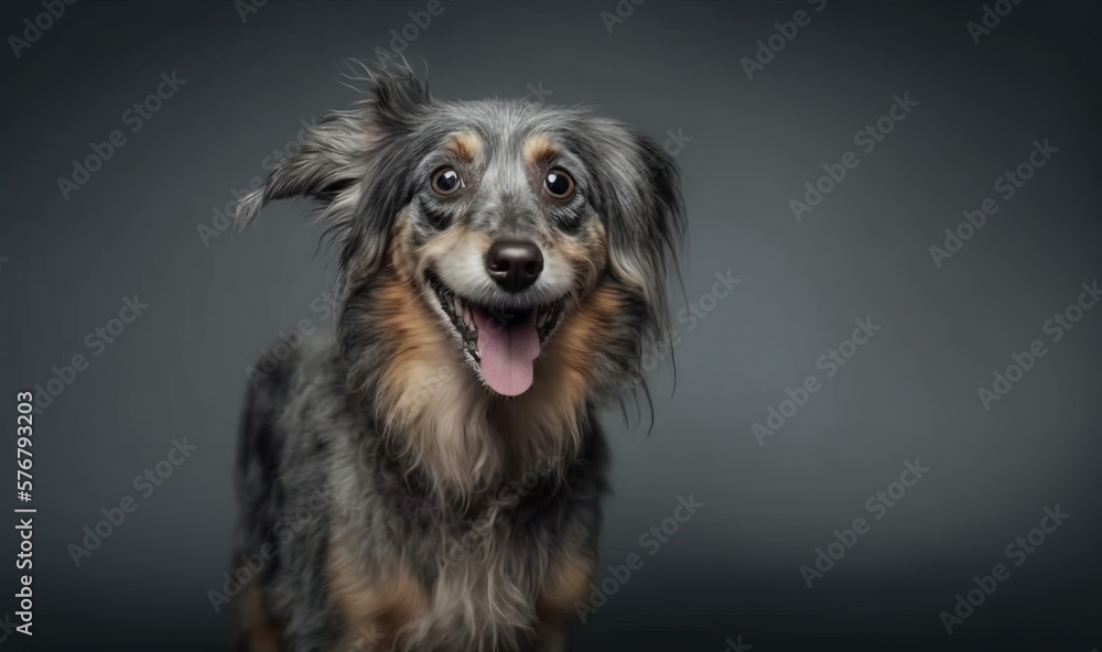  a close up of a dog with its mouth open and tongue hanging out, looking at the camera, with a gray 