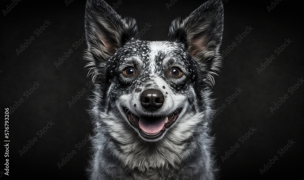  a close up of a dogs face with a smile on its face and its eyes are black and white.  generative