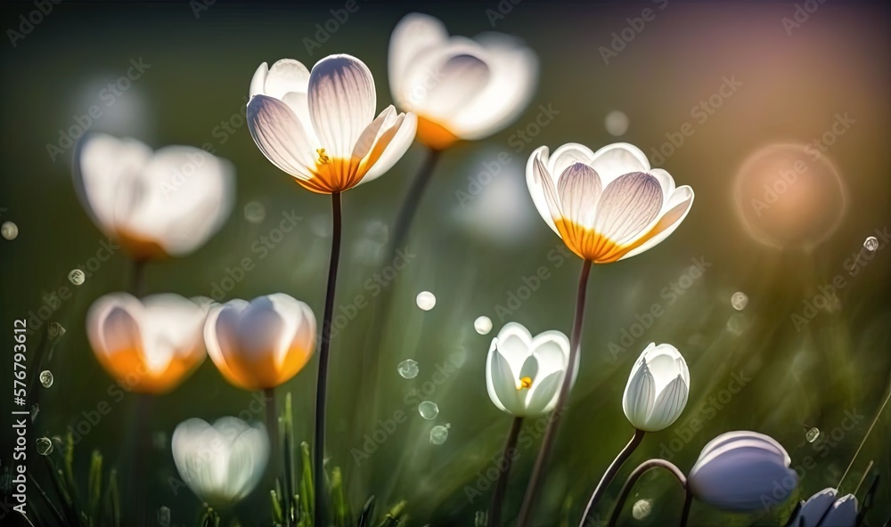  a bunch of white flowers that are in the grass with water droplets on them and some grass in the fo