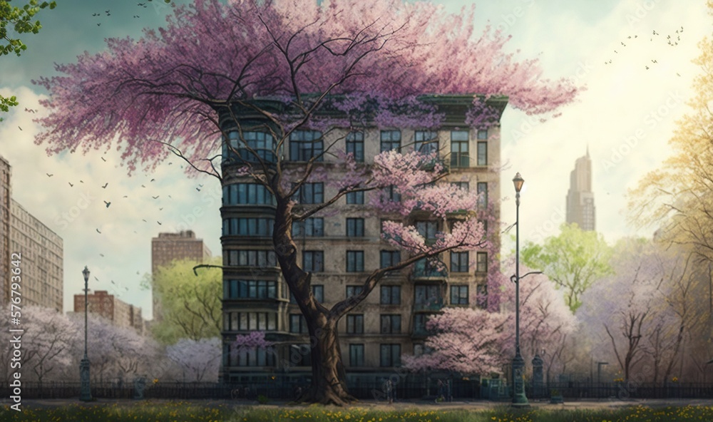  a painting of a tree with pink flowers in front of a building with a street light and a lamp post i