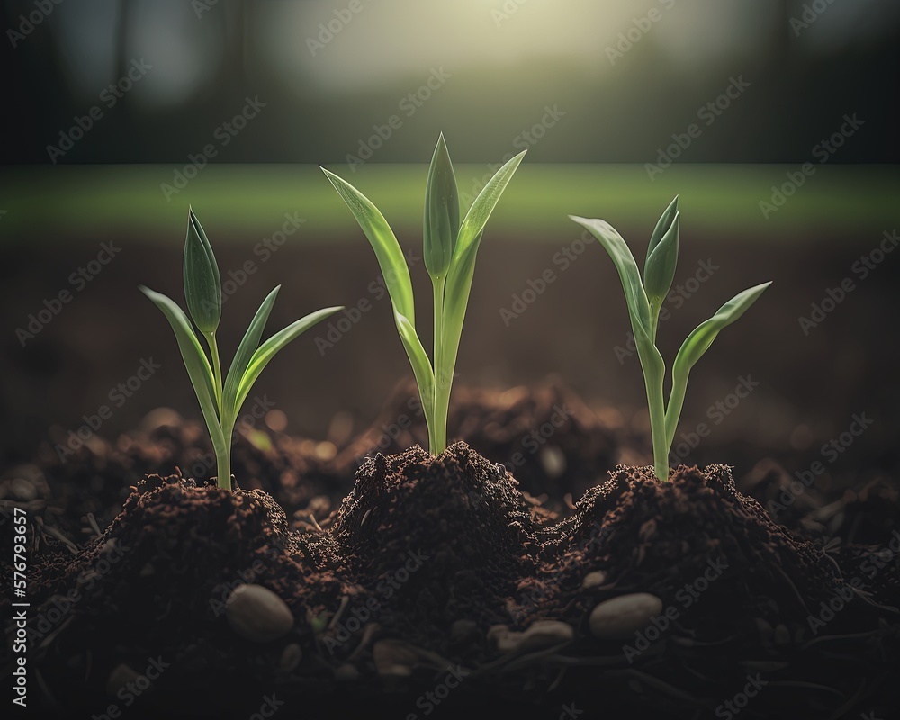  a group of plants growing out of dirt in a field with grass in the background and sunlight shining 