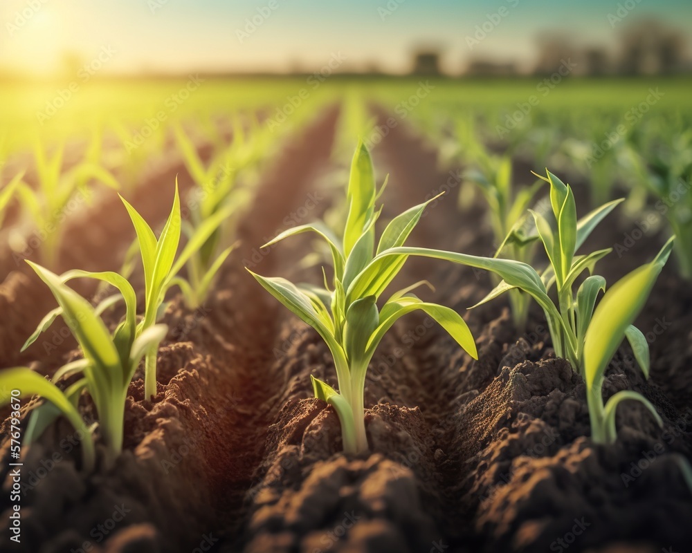  a row of young plants growing in a field at sunset or sunrise or sunset, with the sun shining on th